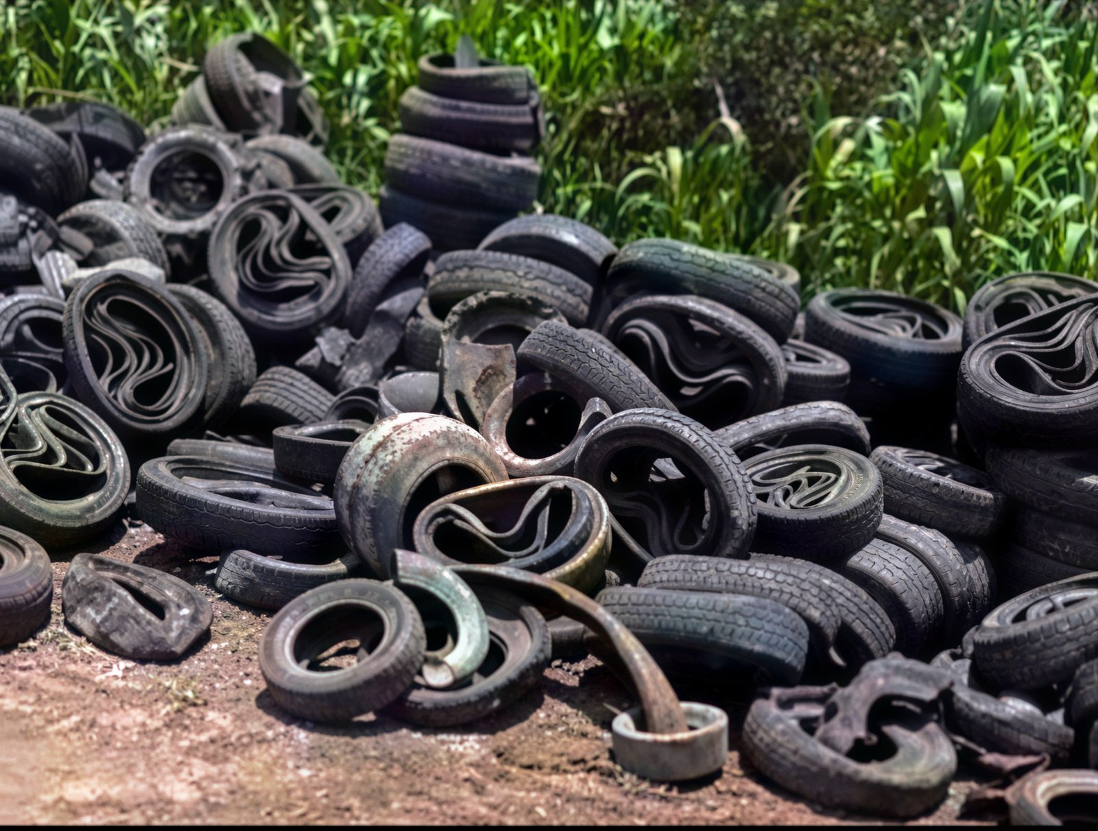 Collected end-of-life waste tires ready for recycling